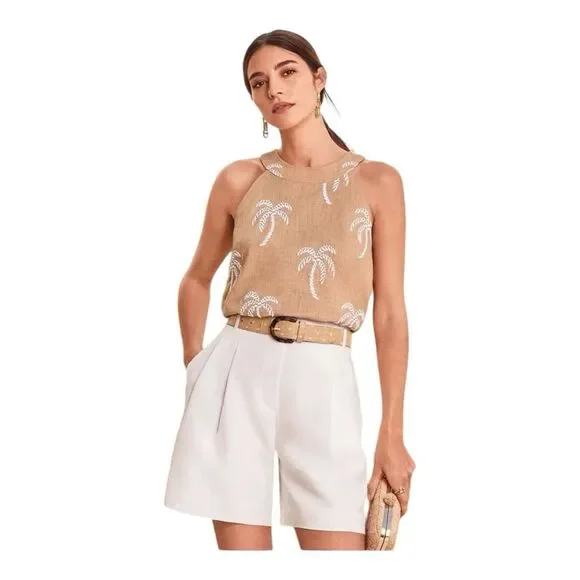 Ann Taylor Palm Embroidered Button Back Halter Tan Top, Size Large - Picture 4 of 16
